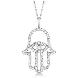 Diamond Hamsa Evil Eye Pendant Necklace 18k White Gold 0.51ct - All