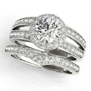 Diamond Split Shank Halo Bridal Ring Set Palladium 1.74ct - All