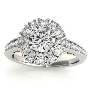 Diamond Halo Round Engagement Ring Setting 14k Two Tone Gold 1.01ct - All