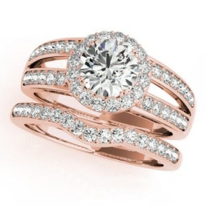 Diamond Split Shank Halo Bridal Ring Set 18k Rose Gold 1.74ct - All