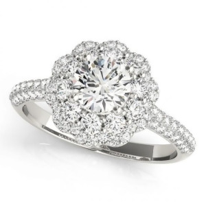Diamond Floral Style Halo Engagement Ring 18k White Gold 1.54ct - All