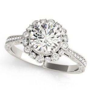 Diamond Flower Halo Vintage Engagement Ring 18k White Gold 1.11ct - All