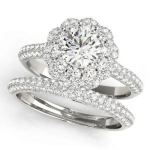 Diamond Floral Style Halo Bridal Set 14k White Gold 1.91ct - All