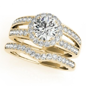 Diamond Split Shank Halo Bridal Ring Set 14k Yellow Gold 1.74ct - All