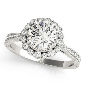 Diamond Flower Halo Vintage Engagement Ring 14k White Gold 1.11ct - All