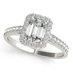 Diamond Halo Emerald-Cut Engagement Ring 14k White Gold 0.90ct - All