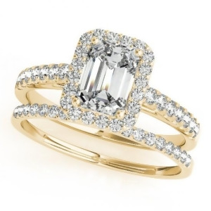 Diamond Halo Emerald-Cut Bridal Set 14k Yellow Gold 1.00ct - All