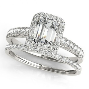 Diamond Halo Emerald-Cut Bridal Set 14k White Gold 1.00ct - All