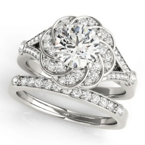Diamond Floral Swirl Split Shank Bridal Set Platinum 1.35ct - All