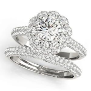 Diamond Floral Style Halo Bridal Set 18k White Gold 1.91ct - All
