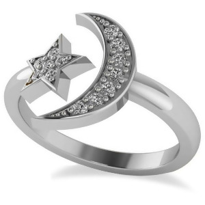 Crescent Moon and Star Diamond Ring 14k White Gold 0.17ct - All