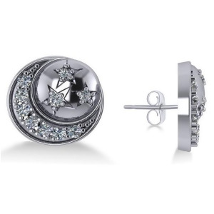 Diamond Crescent Moon and Stars Earrings 14k White Gold 0.28ct - All