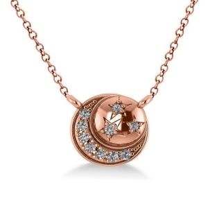 Diamond Crescent Moon and Stars Pendant Necklace 14k Rose Gold 0.14ct - All