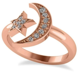 Crescent Moon and Star Diamond Ring 14k Rose Gold 0.17ct - All