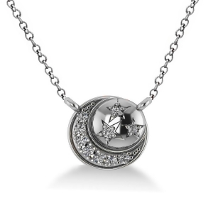 Diamond Crescent Moon and Stars Pendant Necklace 14k White Gold 0.14ct - All