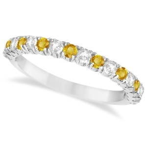 Yellow and White Diamond Wedding Band Anniversary Ring in 14k White Gold 0.75ct - All