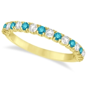 Blue and White Diamond Wedding Band Anniversary Ring in 14k Yellow Gold 0.75ct - All