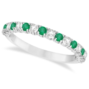 Emerald and Diamond Wedding Band Anniversary Ring in 14k White Gold 0.75ct - All
