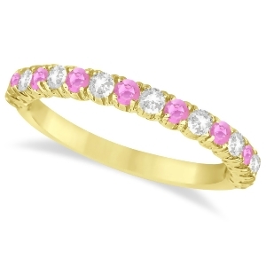 Pink Sapphire and Diamond Wedding Band Anniversary Ring in 14k Yellow Gold 0.75ct - All