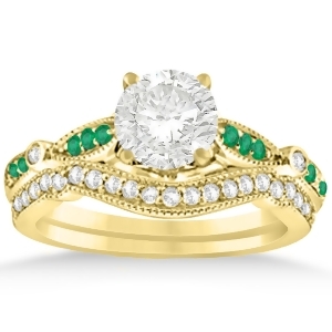 Marquise and Dot Emerald Vintage Bridal Set in 14k Yellow Gold 0.29ct - All