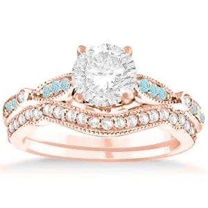 Marquise and Dot Aquamarine Vintage Bridal Set in 14k Rose Gold 0.29ct - All