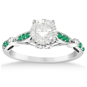 Marquise and Dot Emerald Vintage Engagement Ring 14k White Gold 0.13ct - All