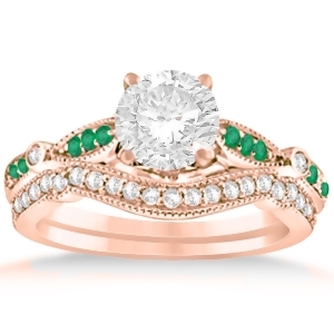 Marquise and Dot Emerald Vintage Bridal Set in 14k Rose Gold 0.29ct - All