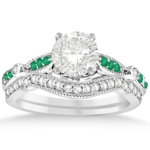 Marquise and Dot Emerald Vintage Bridal Set in 14k White Gold 0.29ct - All
