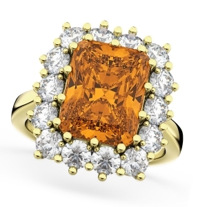 Emerald Cut Citrine and Diamond Lady Di Ring 18k Yellow Gold 5.68ct - All