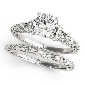 Diamond Antique Style Bridal Set 14k White Gold 0.87ct - All