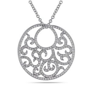 Diamond Filigree Circle Pendant Necklace 18k White Gold 0.87ct - All