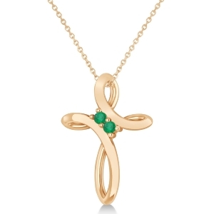 Emerald Two Stone Swirl Cross Pendant Necklace 14k Rose Gold 0.10ct - All