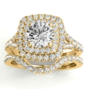 Square Double Halo Diamond Bridal Set 18k Yellow Gold 0.87ct - All