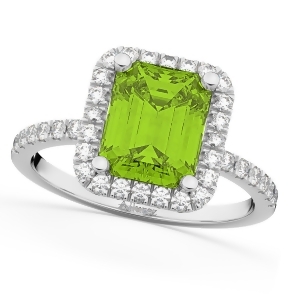 Emerald-cut Peridot and Diamond Engagement Ring 14k White Gold 3.32ct - All