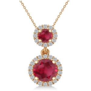 Two Stone Ruby and Halo Diamond Necklace 14k Rose Gold 1.50ct - All