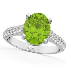Oval Peridot and Diamond Engagement Ring 14k White Gold 4.42ct - All