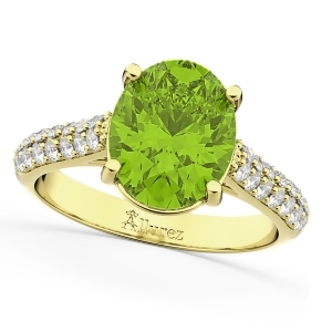 Oval Peridot and Diamond Engagement Ring 14k Yellow Gold 4.42ct - All