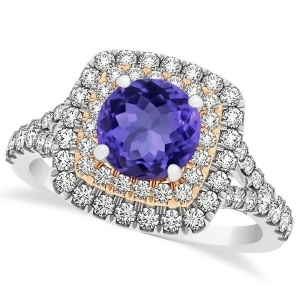 Square Double Halo Tanzanite Engagement Ring Two-Tone Gold 1.38ct - All