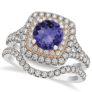 Square Double Halo Tanzanite Ring and Band Bridal Set Two-Tone Gold 1.55ct - All