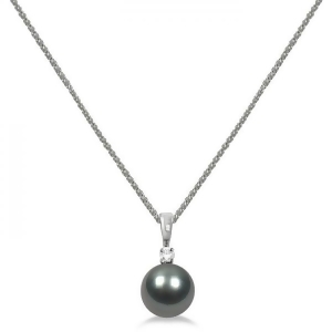 Diamond and Tahitian Black Pearl Solitaire Pendant 14K White Gold 8-9mm - All