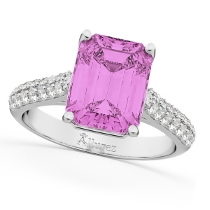 Emerald-cut Pink Sapphire and Diamond Ring 14k White Gold 5.54ct - All