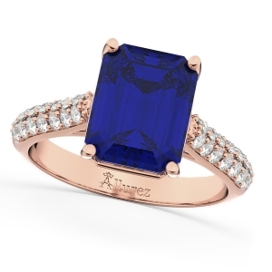 Emerald-cut Blue Sapphire and Diamond Ring 14k Rose Gold 5.54ct - All