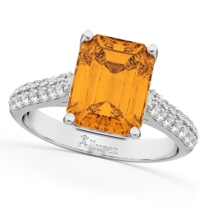 Emerald-cut Citrine and Diamond Ring 14k White Gold 5.54ct - All