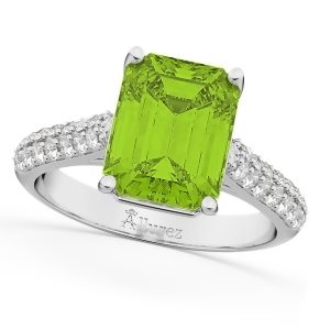 Emerald-cut Peridot and Diamond Ring 14k White Gold 5.54ct - All
