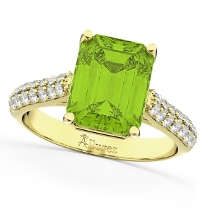 Emerald-cut Peridot and Diamond Ring 14k Yellow Gold 5.54ct - All