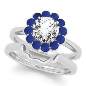 Diamond and Blue Sapphire Halo Bridal Set 14k White Gold 1.33ct - All