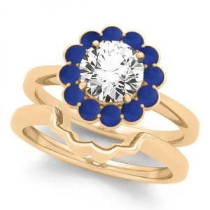 Diamond and Blue Sapphire Halo Bridal Set 14k Yellow Gold 1.33ct - All