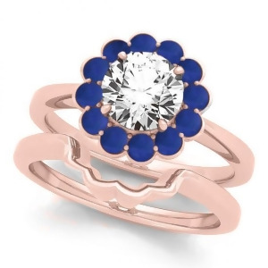 Diamond and Blue Sapphire Halo Bridal Set 14k Rose Gold 1.33ct - All