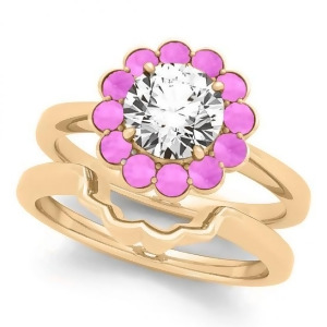 Diamond and Pink Sapphire Halo Bridal Set 14k Yellow Gold 1.33ct - All
