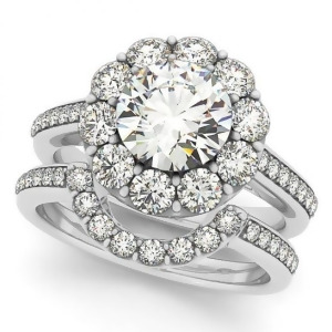 Floral Design Round Halo Bridal Set Platinum 2.73ct - All